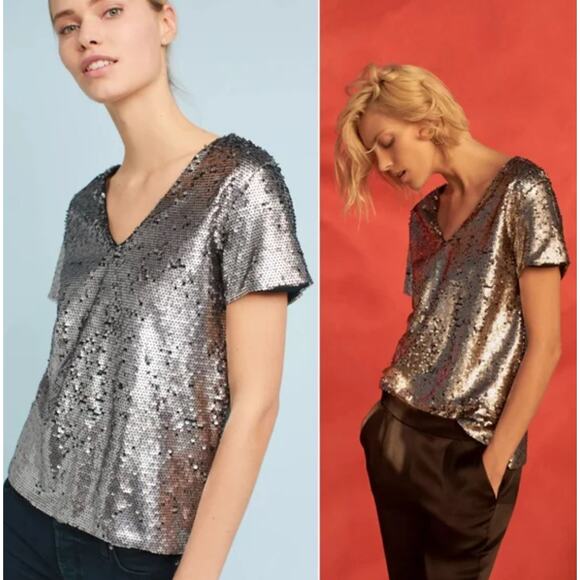 Anthropologie Vanessa Virginia Silver Sequin V-Neck Top Metallic Party NYE M - Picture 1 of 8